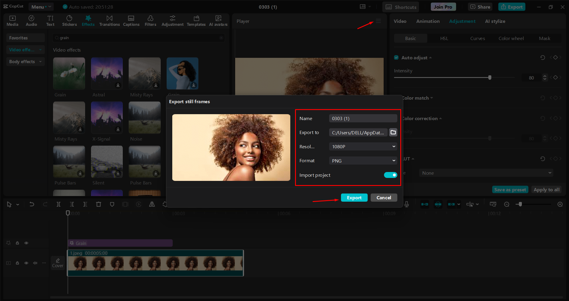 Mengekspor bingkai diam dari editor video desktop CapCut