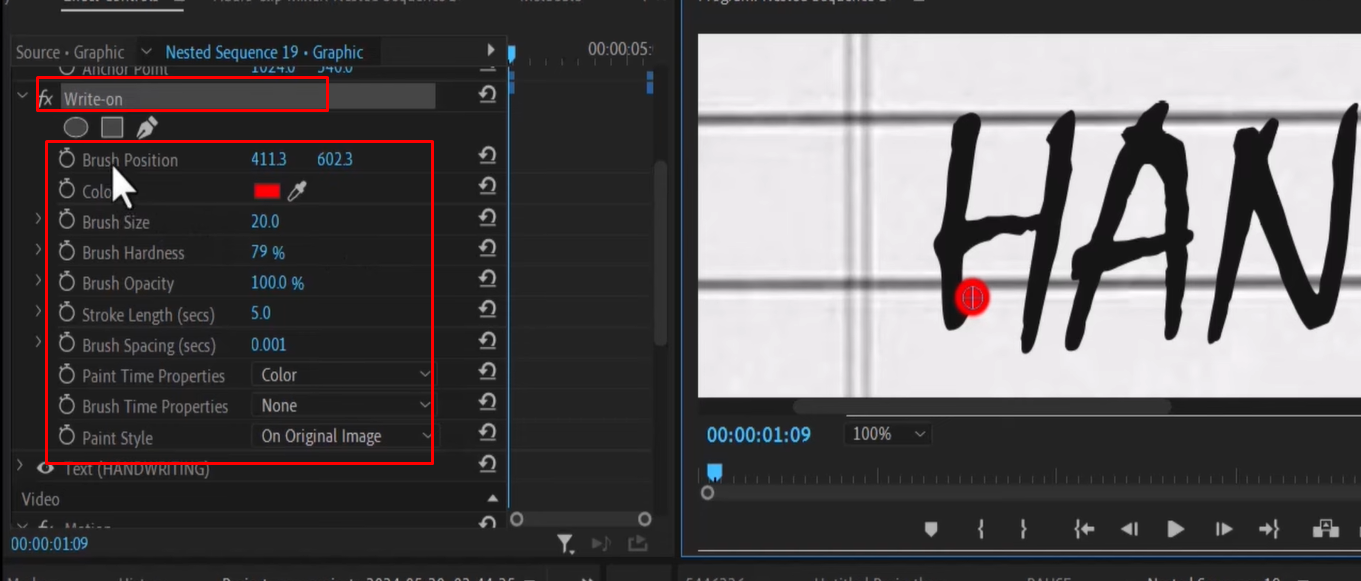 Ajustement de la taille et des paramètres du pinceau pour l'effet d'écriture manuscrite dans Premiere Pro
