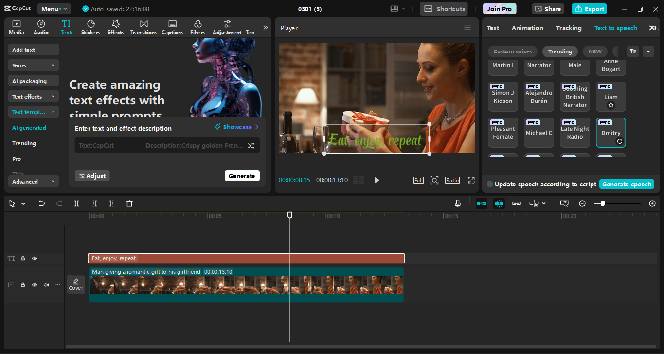 Interface do editor de vídeo para desktop CapCut - uma ferramenta perfeita para aplicar efeitos de escrita em texto