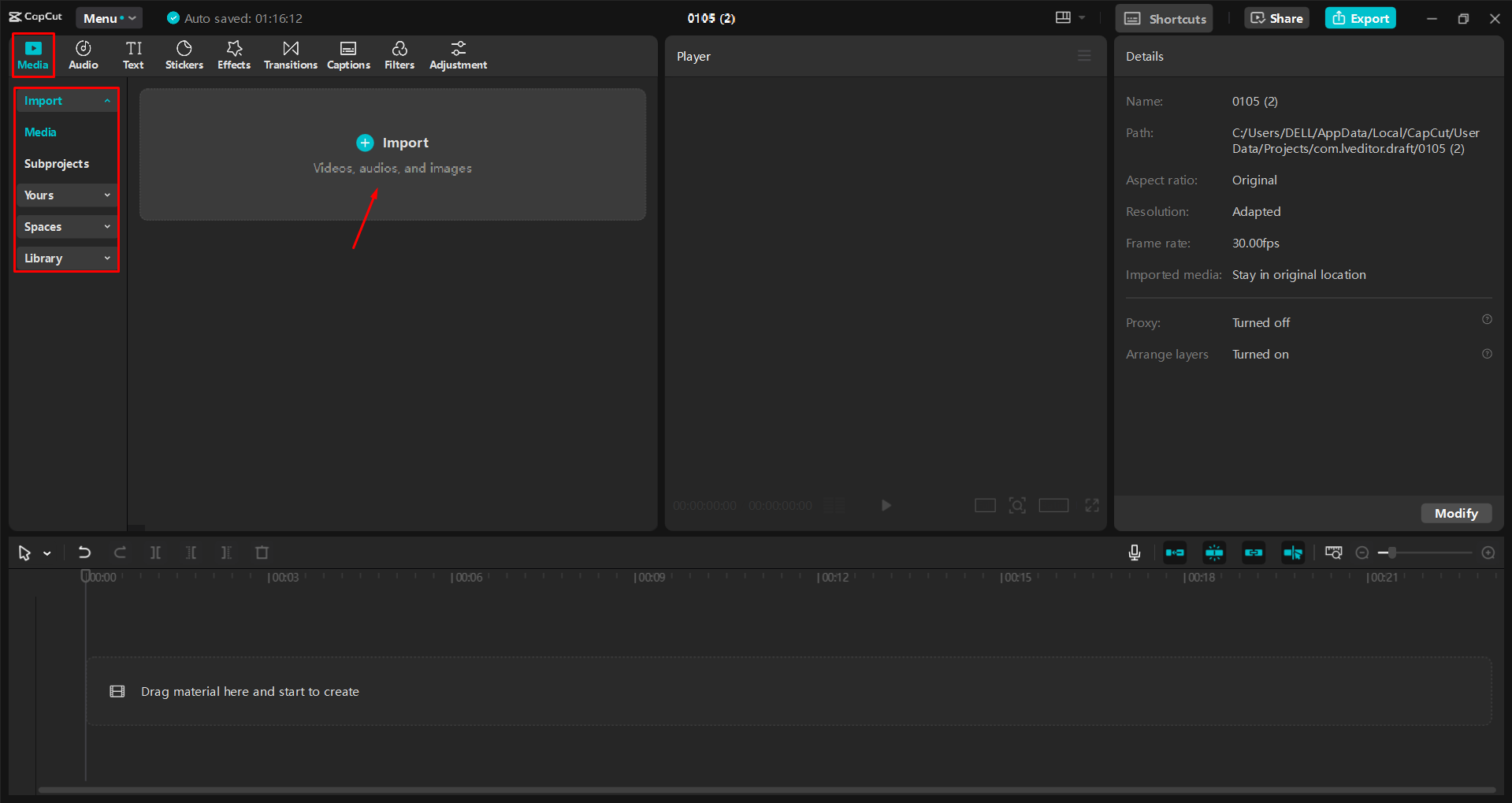 Caricare un video nell' CapCut editor video desktop