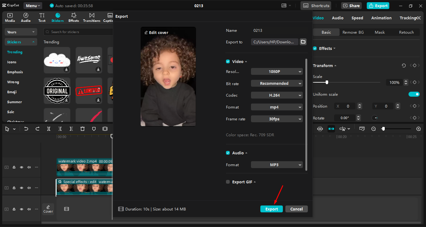 Downloading the video after removing the watermark in the CapCut desktop video editor