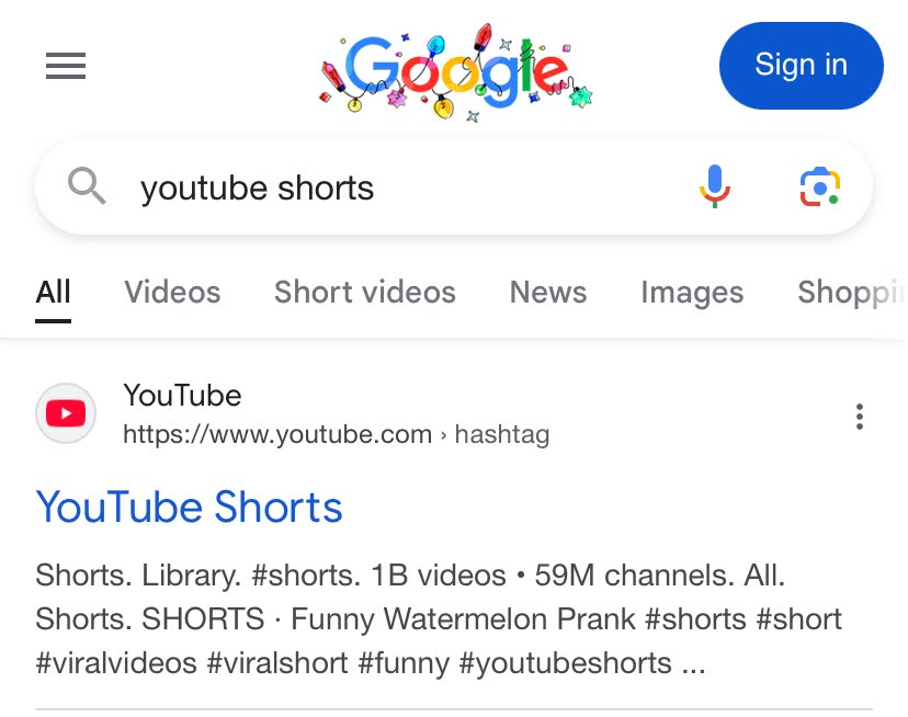 Antarmuka yang menampilkan tab Video Pendek Google
