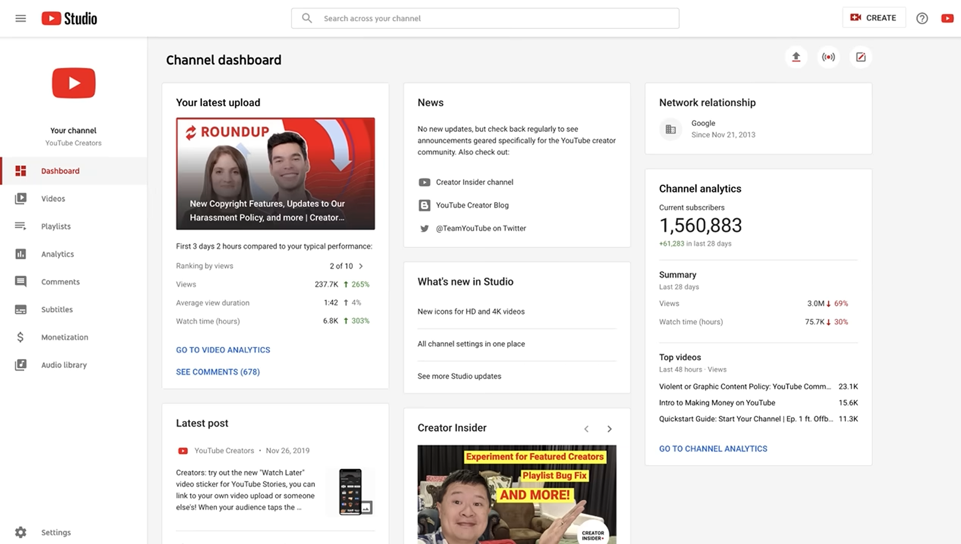 Dasbor Studio YouTube