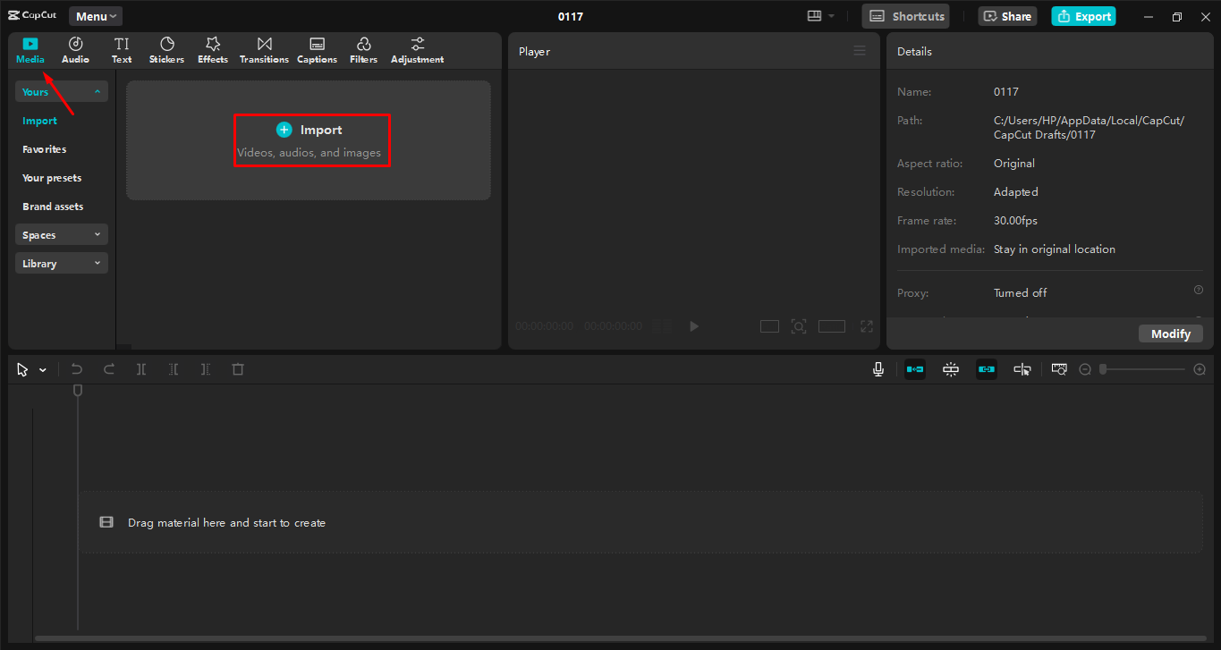 Hochladen von Videos auf den CapCut Desktop-Video-Editor