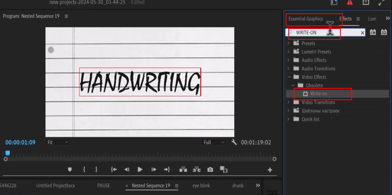 Application de l'effet d'écriture au calque de texte dans Premiere Pro