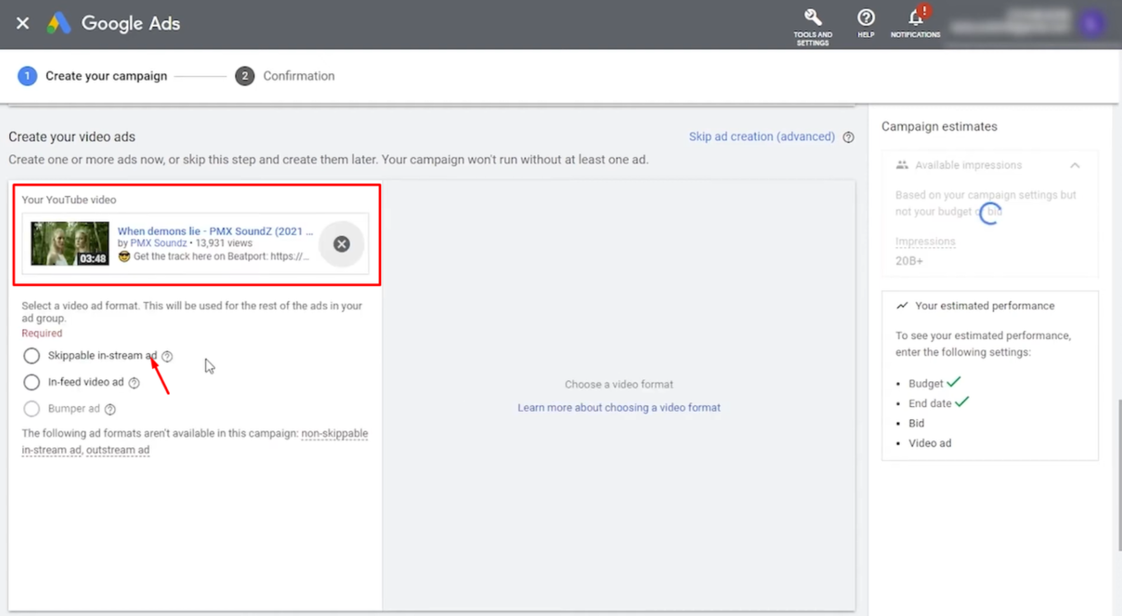 הדבקת כתובת האתר של קליפ YouTube בדף ההתקנה של Google Ads.