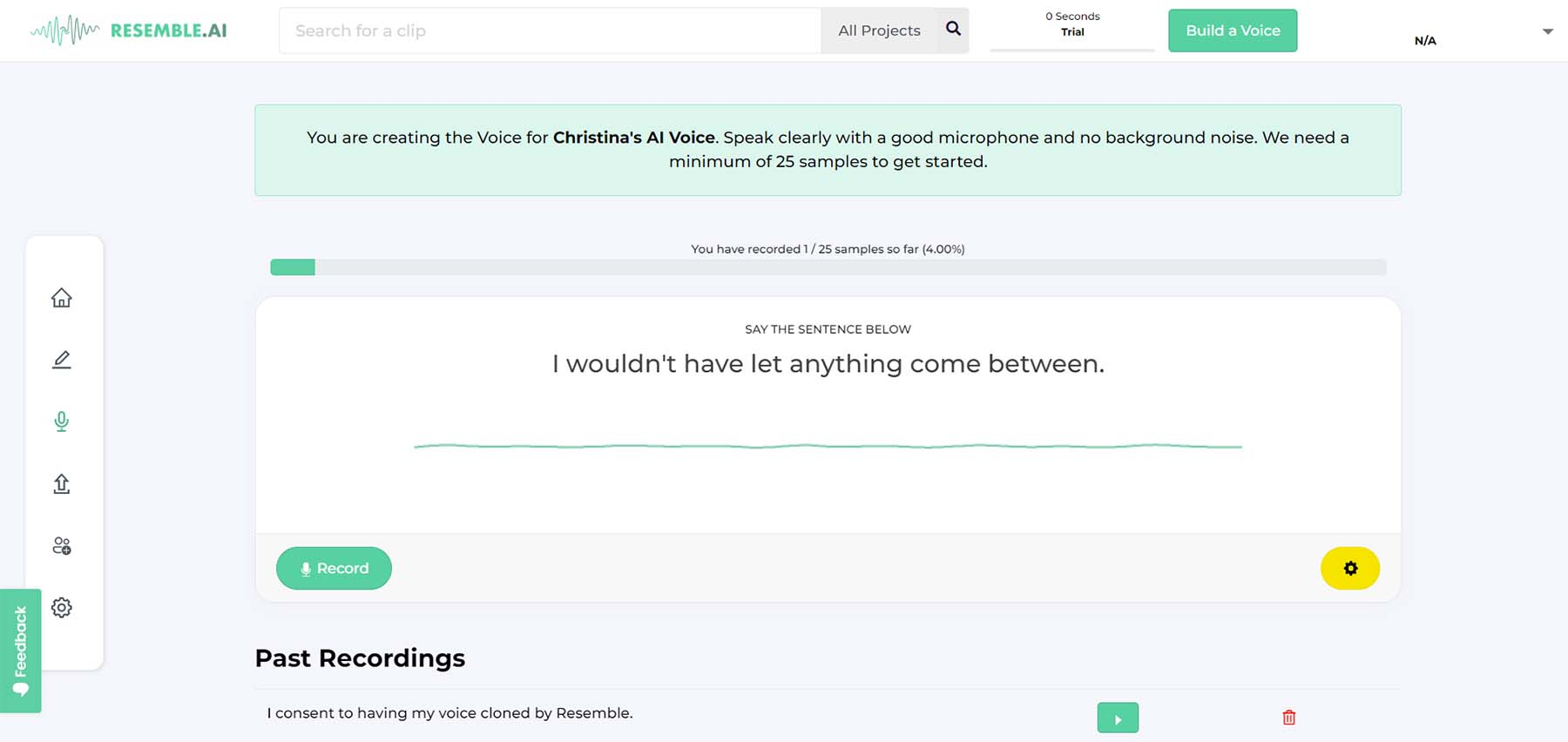Interface of Resemble AI - ein einfach zu bedienender, konversationeller KI-Voice-Bot
