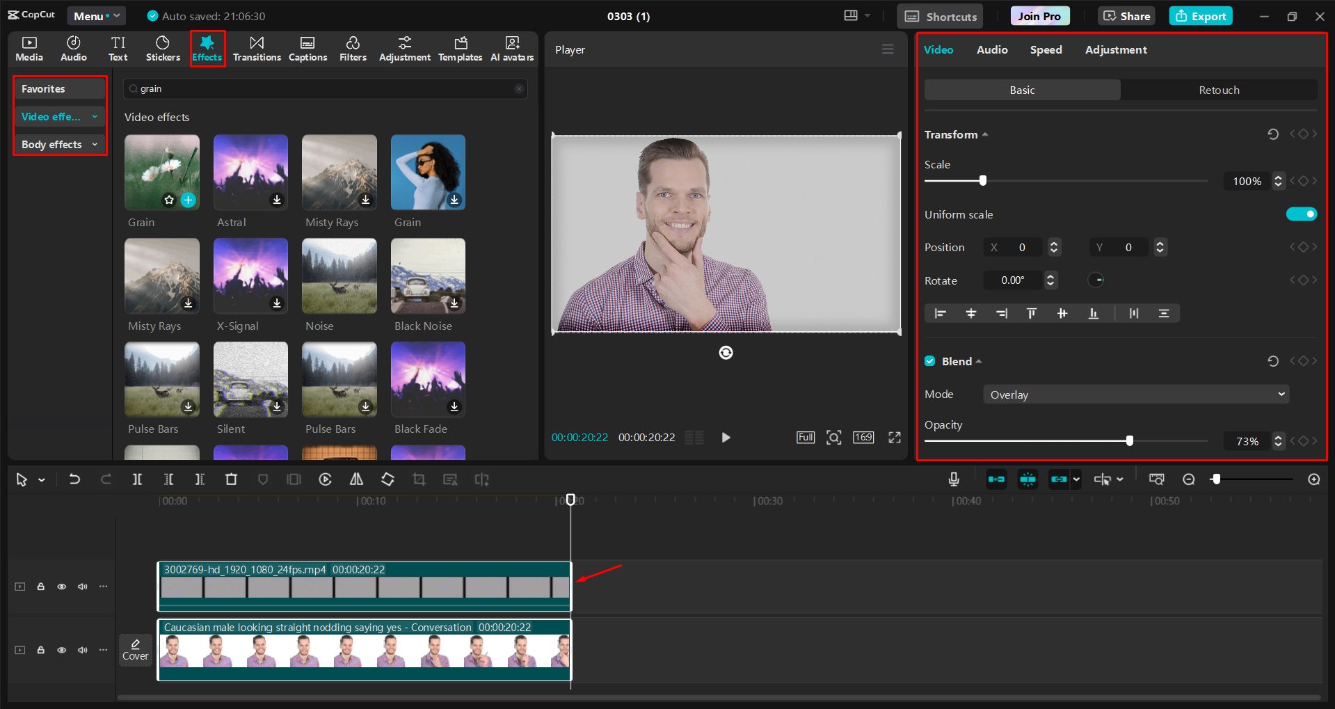 Menerapkan efek butiran film ke film di CapCut editor video desktop