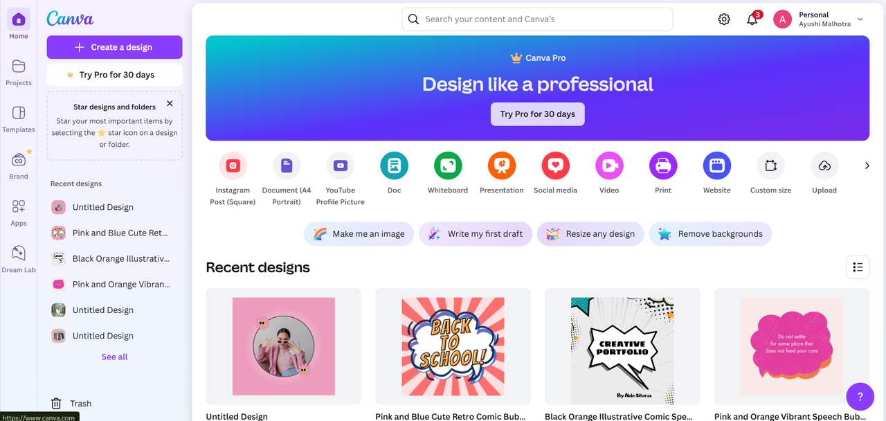 Página de inicio de Canva