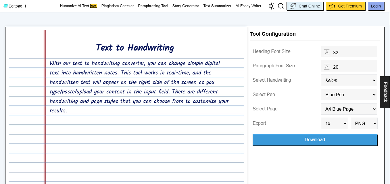 Interface van Editpad - een perfect hulpmiddel om tekst om te zetten in handschrift-AI