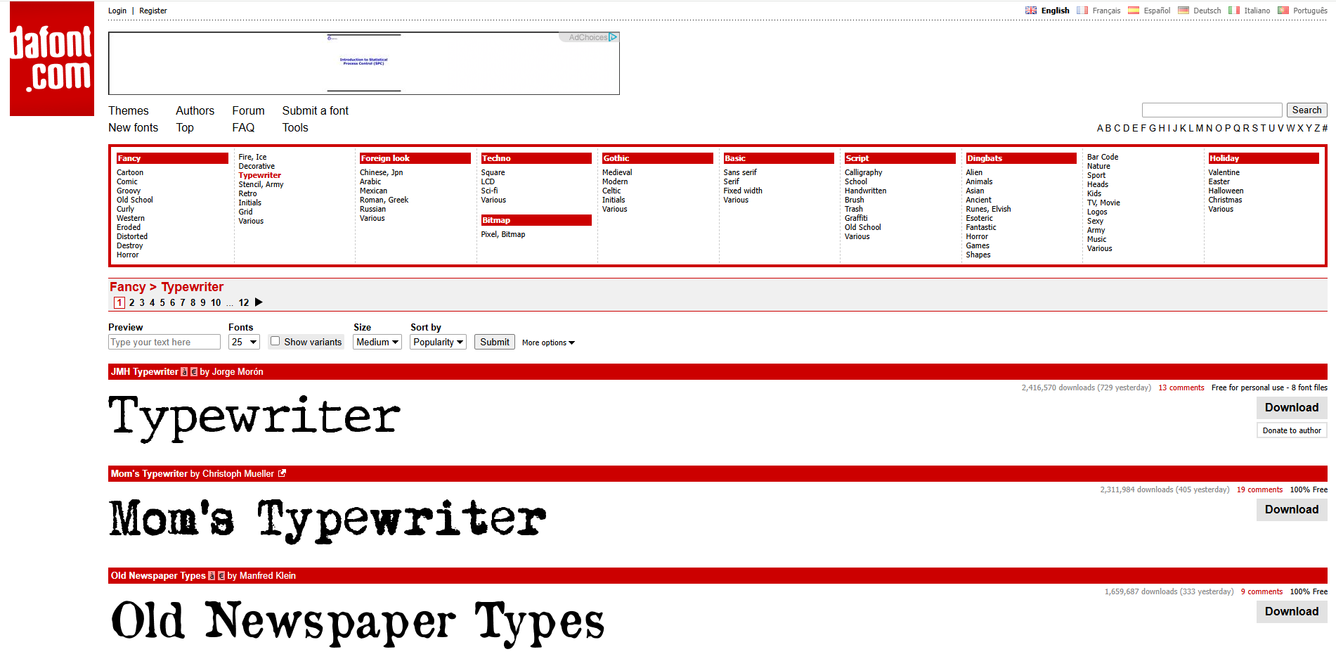 Interface do DaFont - um recurso gratuito para diversas fontes de texto para máquinas de escrever
