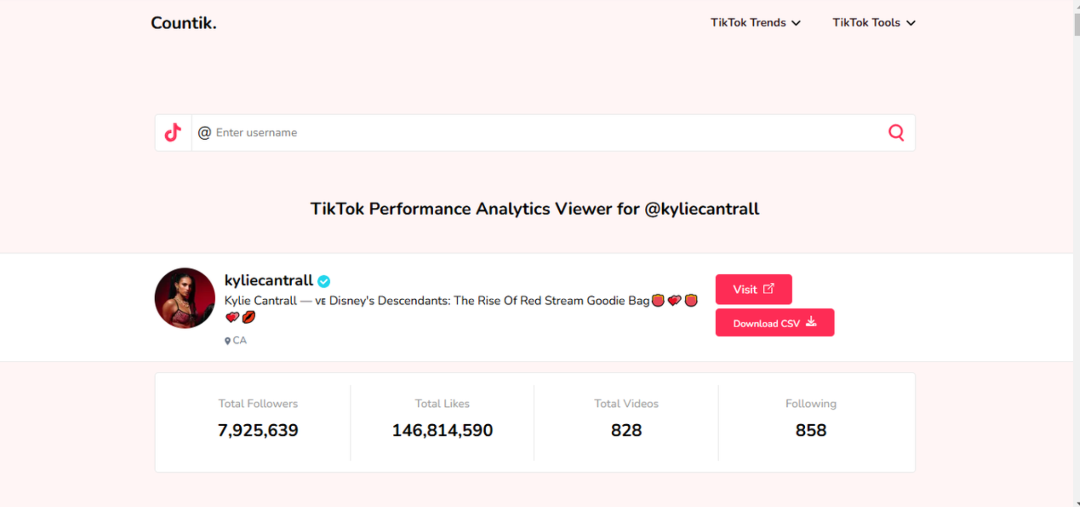 Interfaz de Countik - herramienta confiable para el análisis de seguidores de TikTok