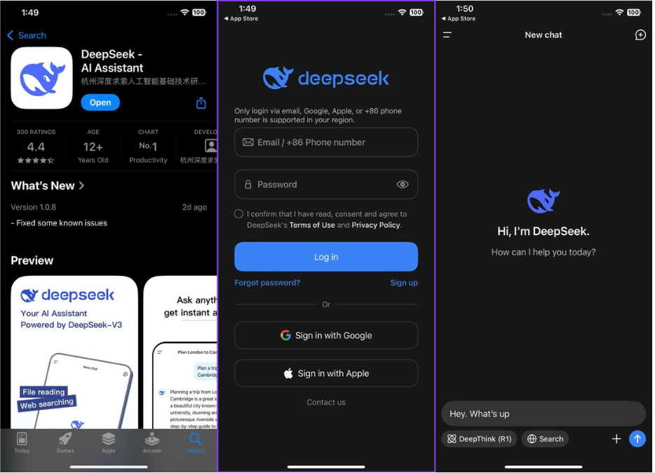 DeepSeek AI sohbet robotunun mobil cihazda nasıl kullanılacağını gösteriyor