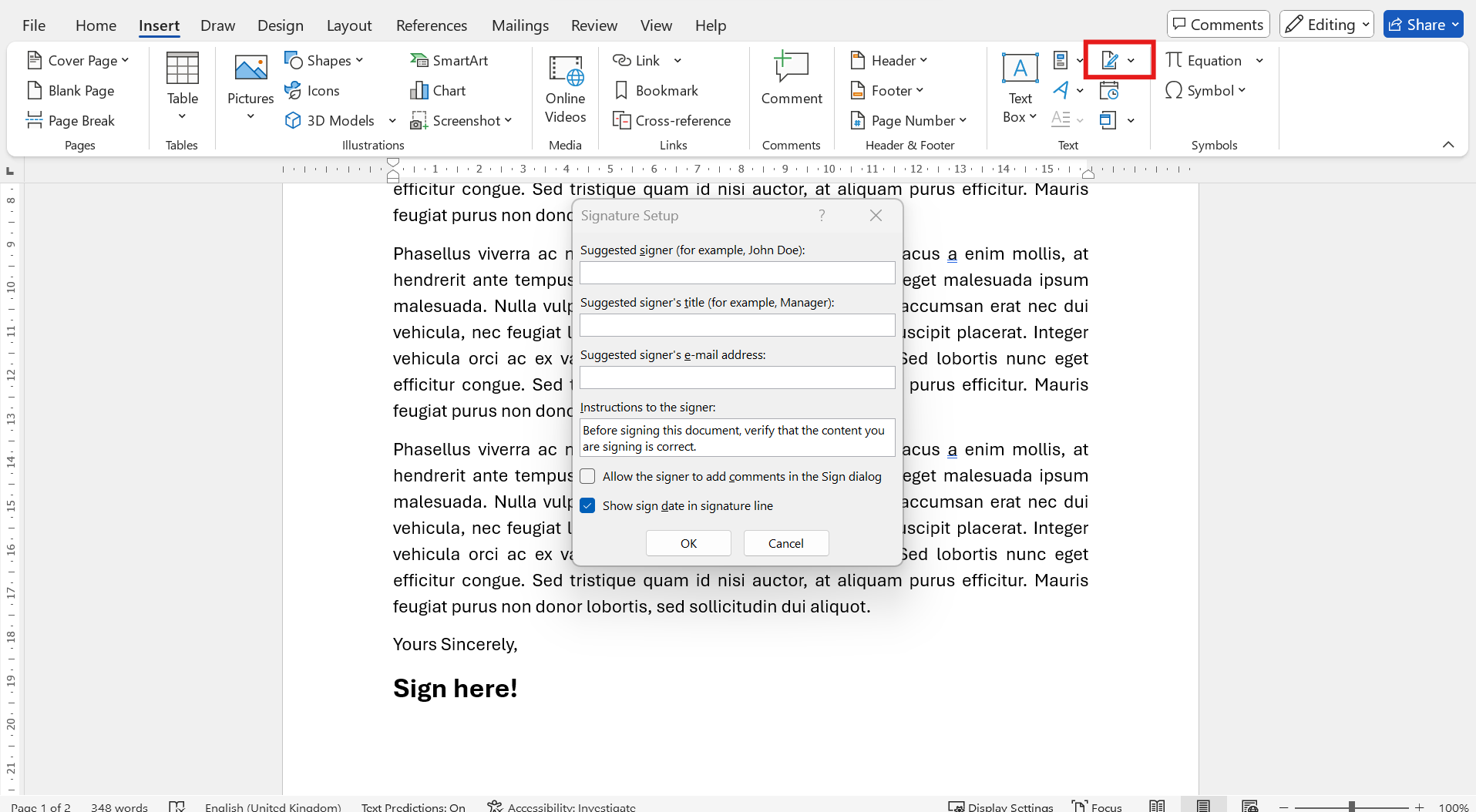 How do I create an electronic signature in word