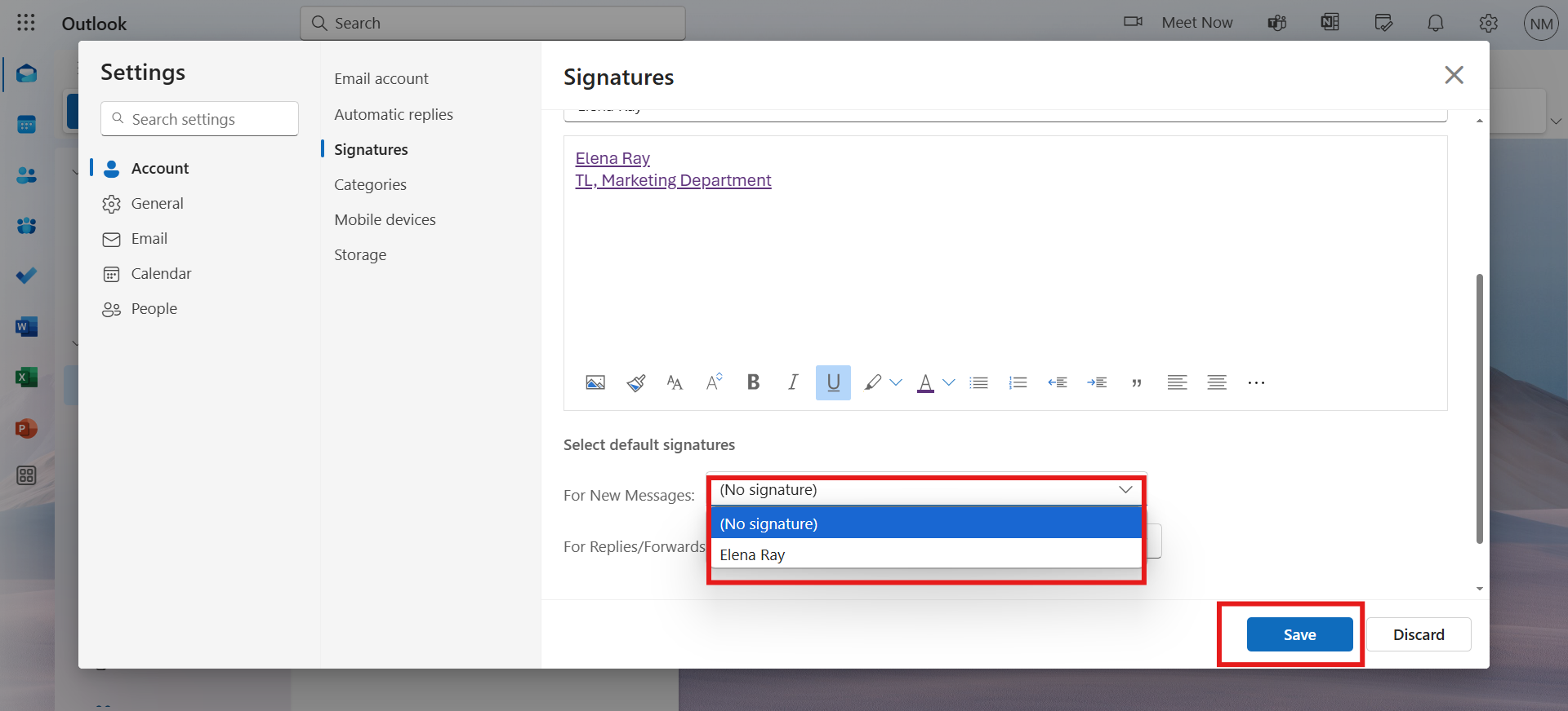 Guardar bloque de firma de correo electrónico en Outlook