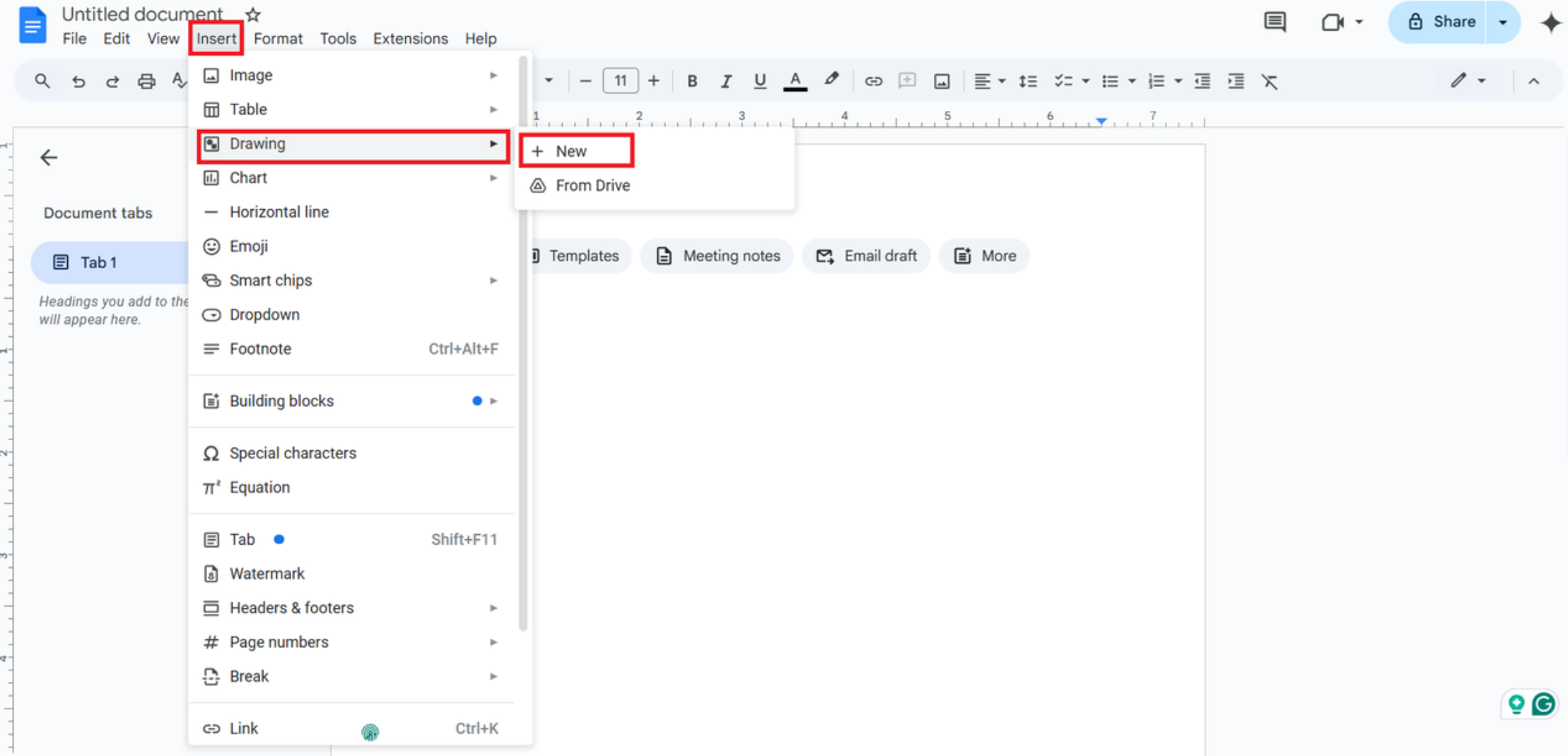 Öffnen Sie Google Docs und erstellen Sie eine neue Zeichnung