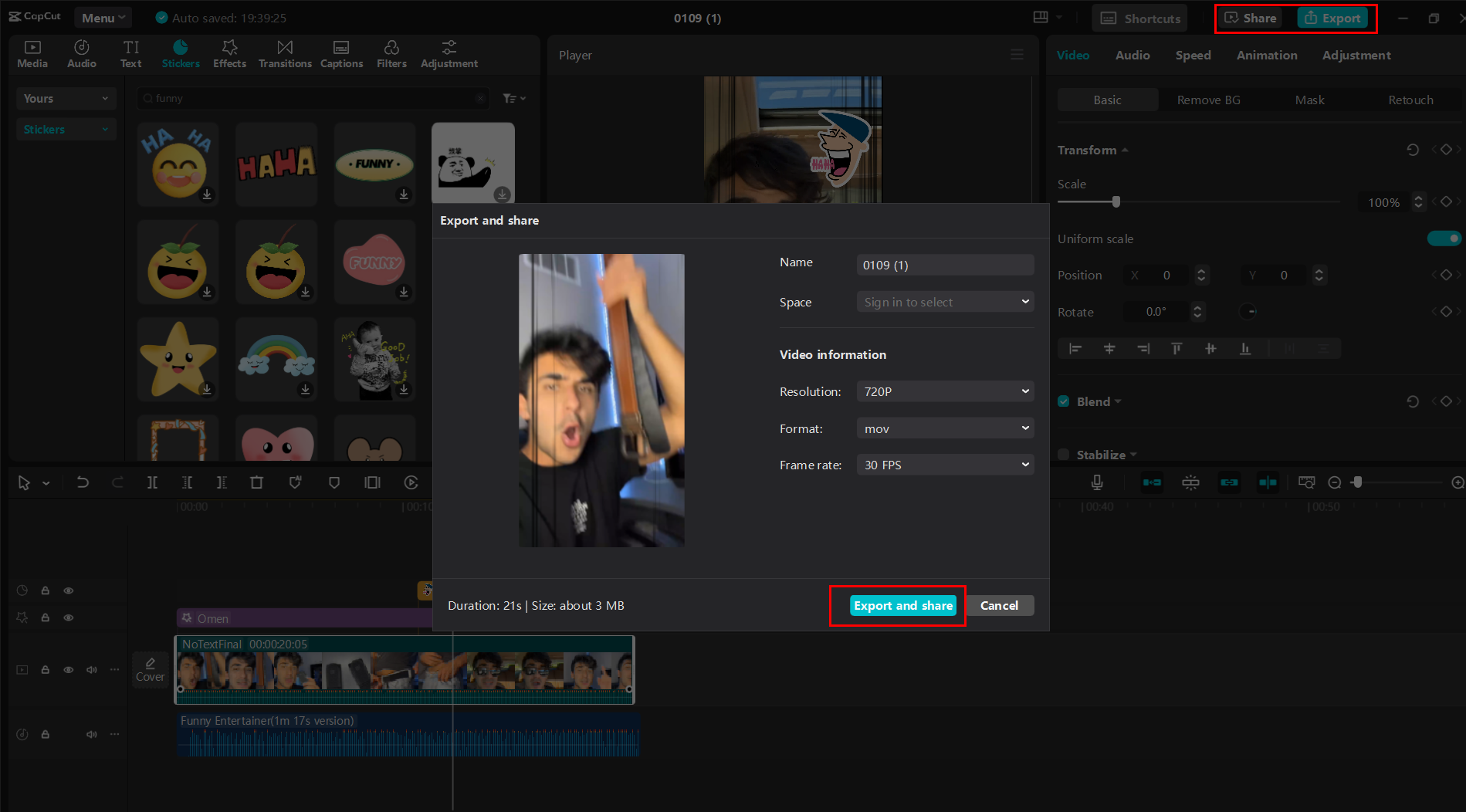 Exportar ou compartilhar os curtas do editor de vídeo para desktop CapCut