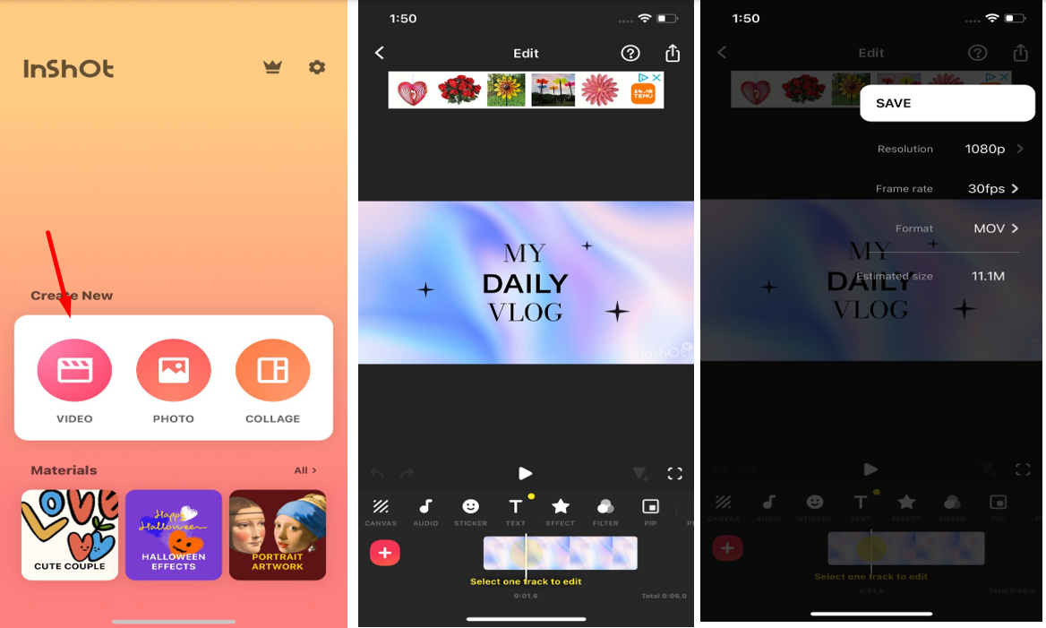 Interfaccia di InShot - la popolare app mobile per scrivere testo sui video
