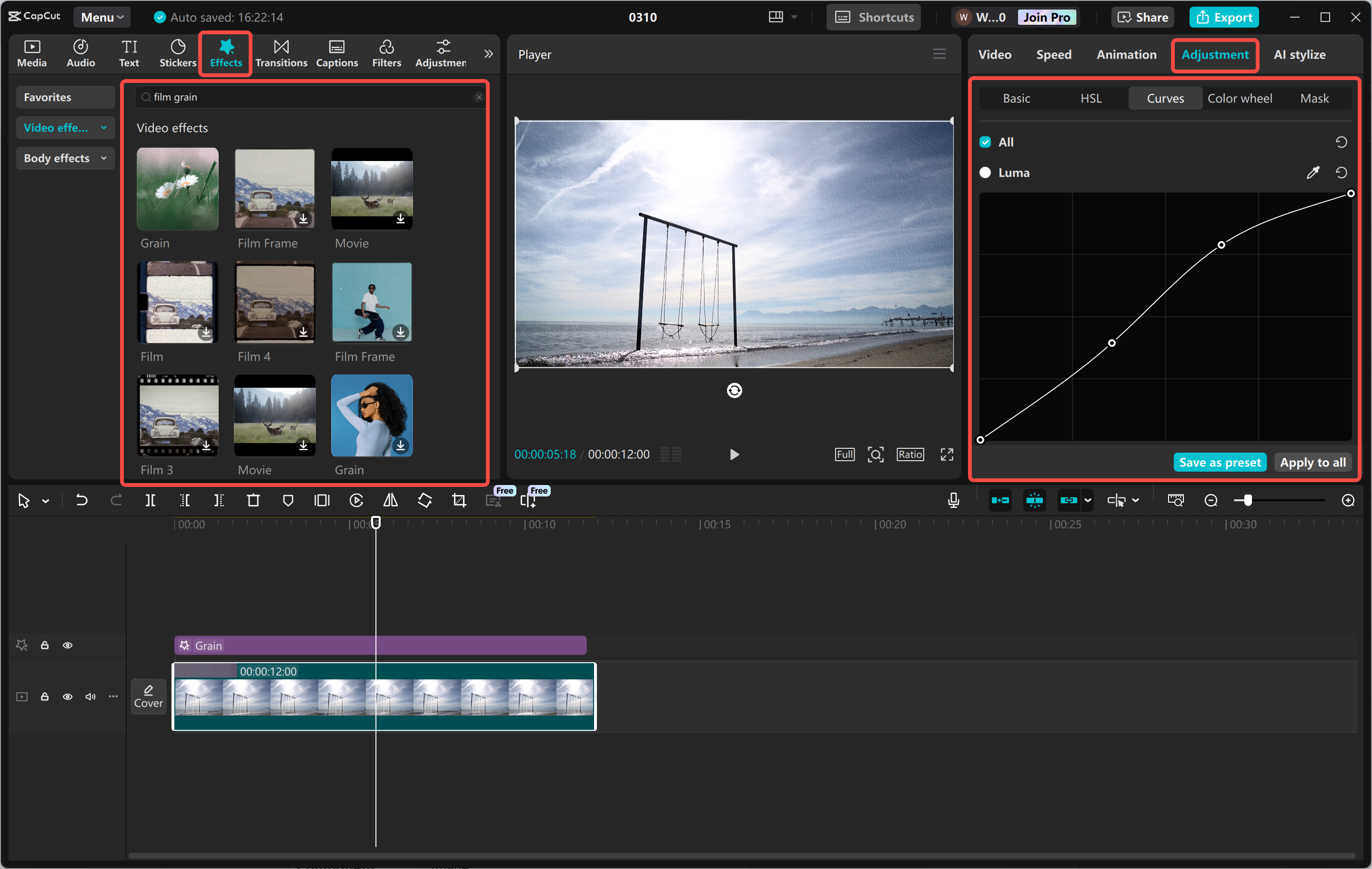 Applying and adjusting the grain effect to videos in the CapCut desktop video editor