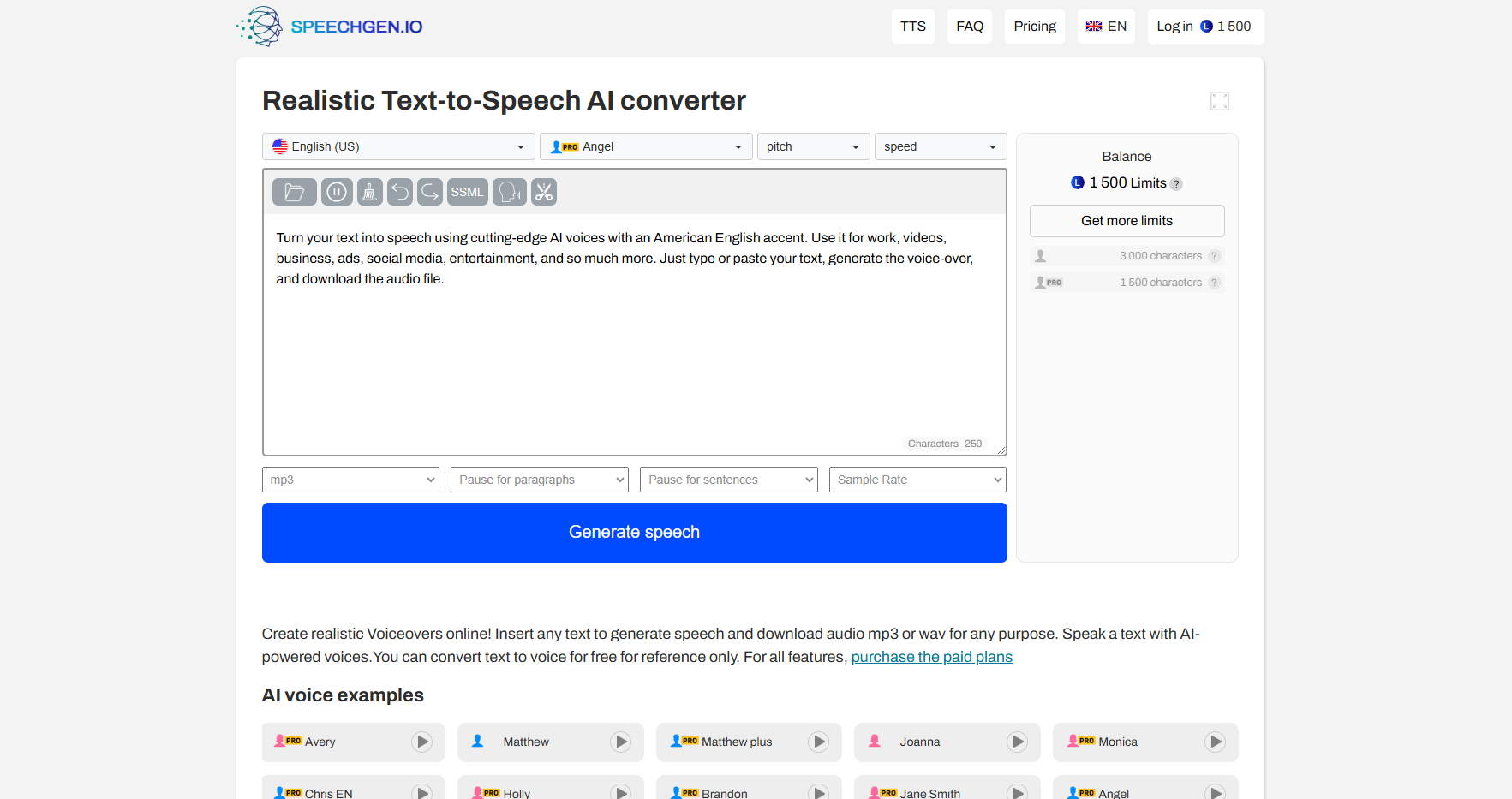 SpeechGen.io interface