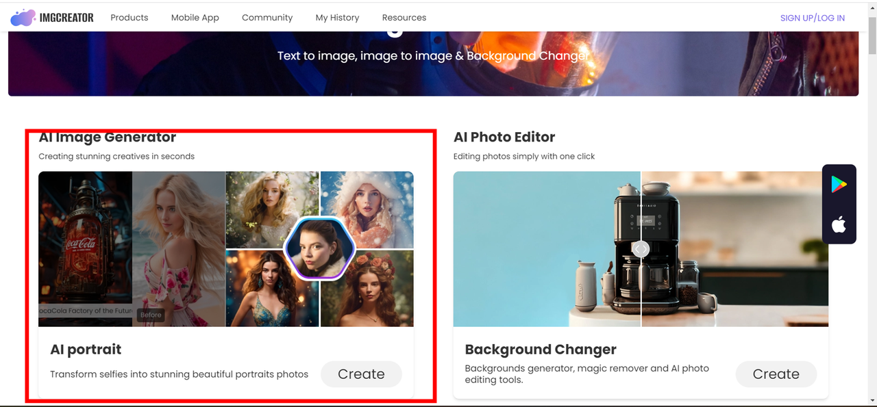 AI Portrait Apps Online - IMGCREATOR Step1