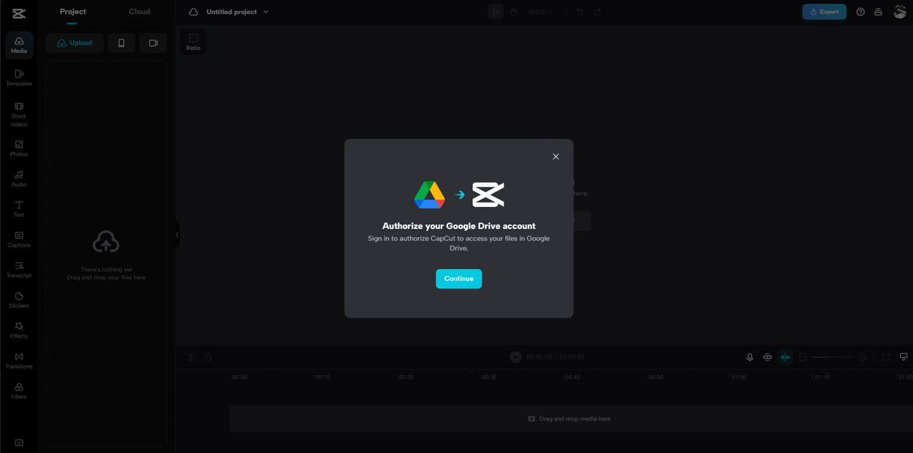 authorize your Google Drive account to integrate with CapCut-Web