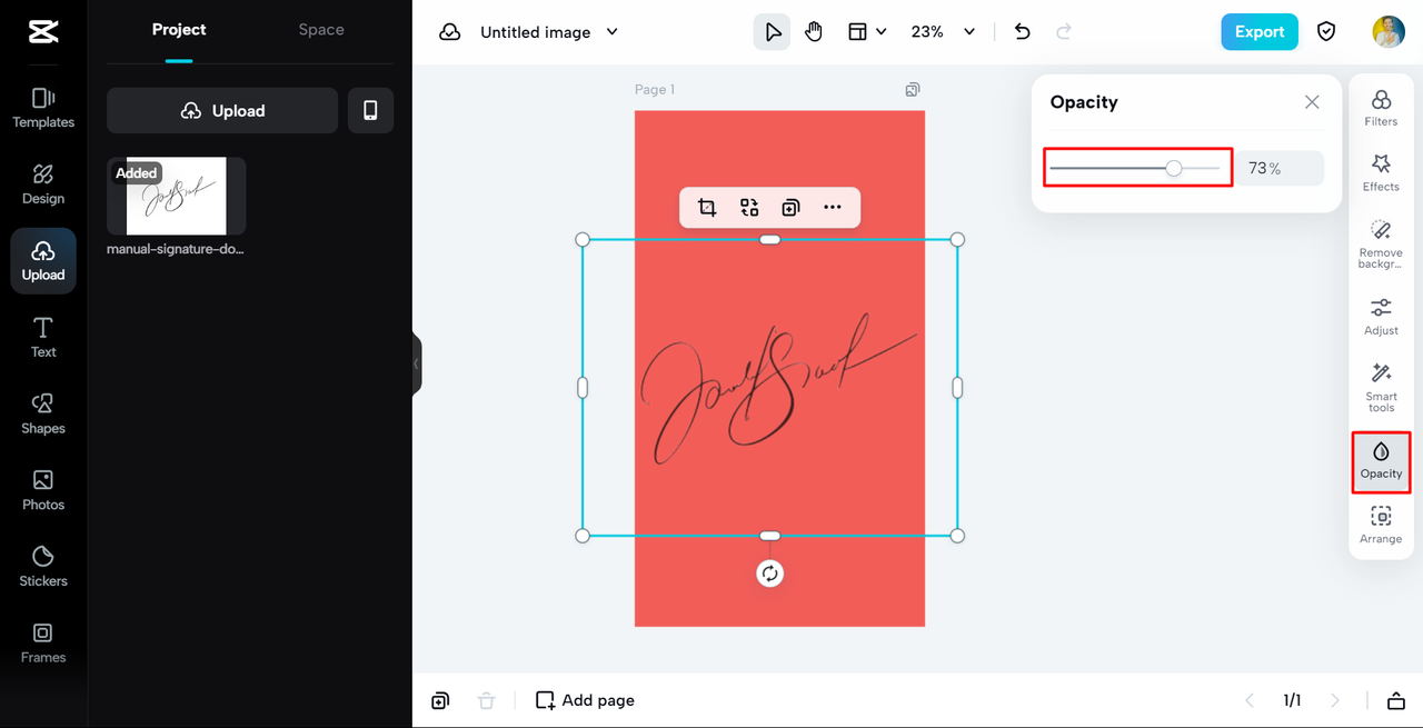 adjust signature opacity