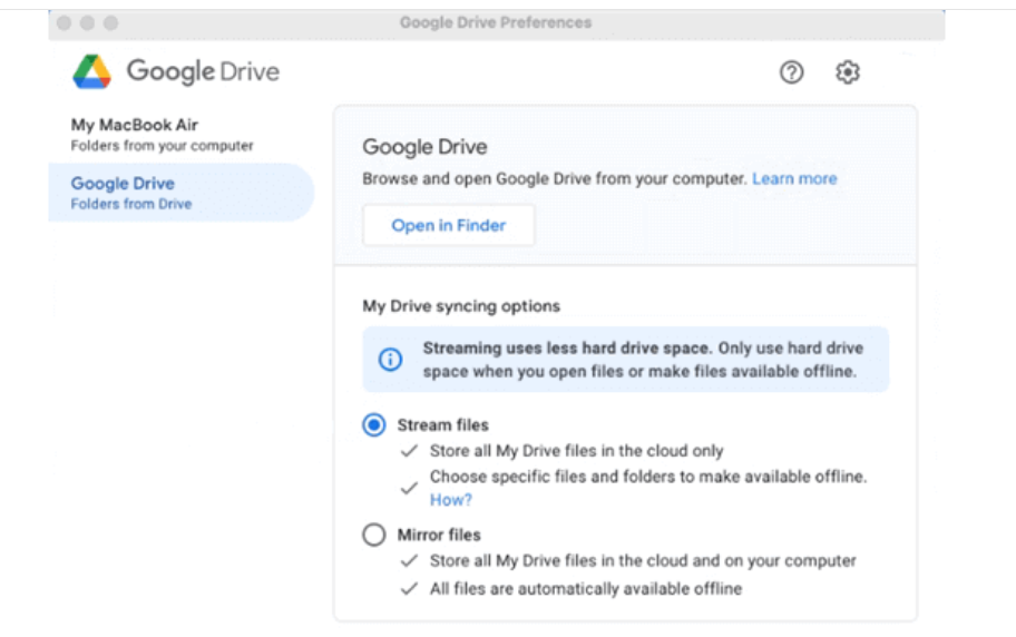 Selecting a sync mode enables online or offline access to your files on your Mac.