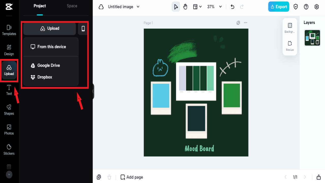 uploading color mood board for logo in CapCut Online