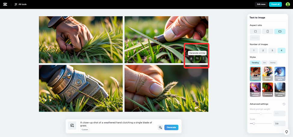Generate similar photos within CapCut text to image