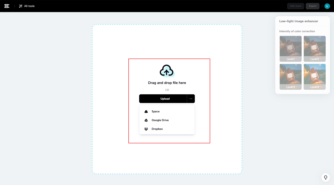 How to upload media on CapCut low light image enhancer too