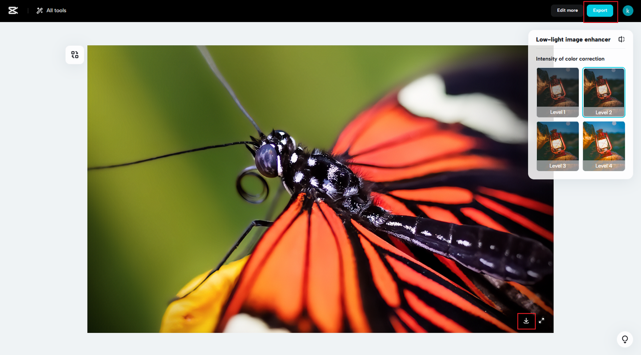 How to export an image on the CapCut low light image enhancer tool.
