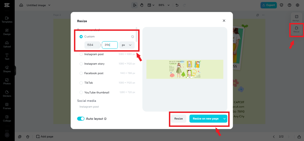 Resize tool in CapCut Online