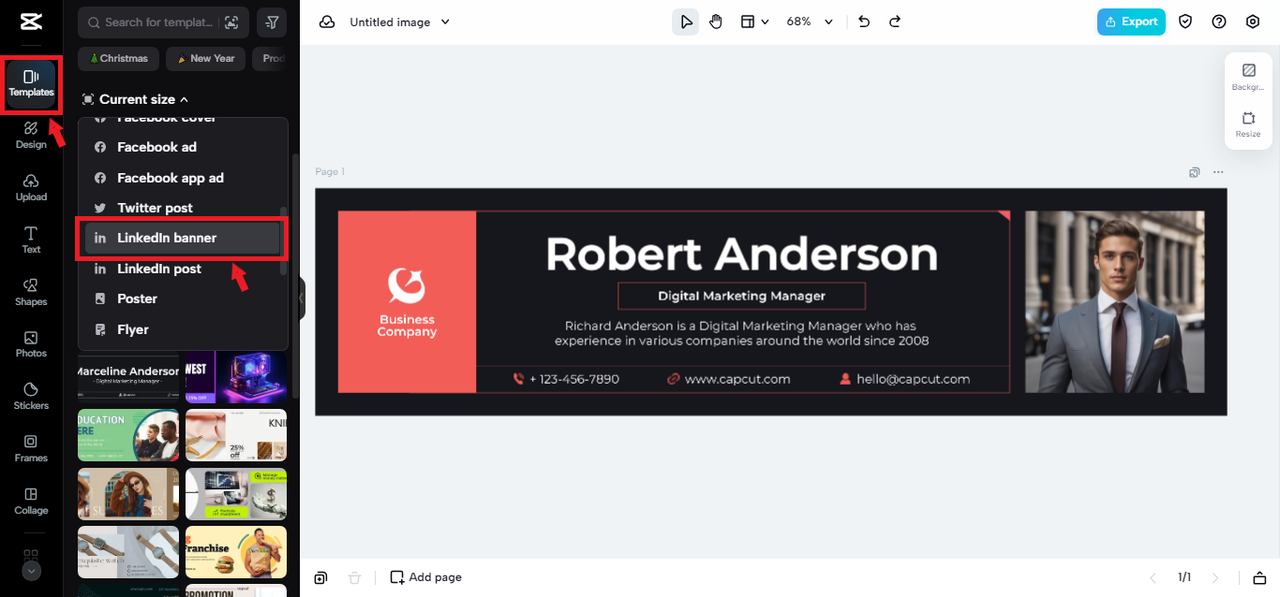 Selecting template for LinkedIn cover picture in CapCut Online