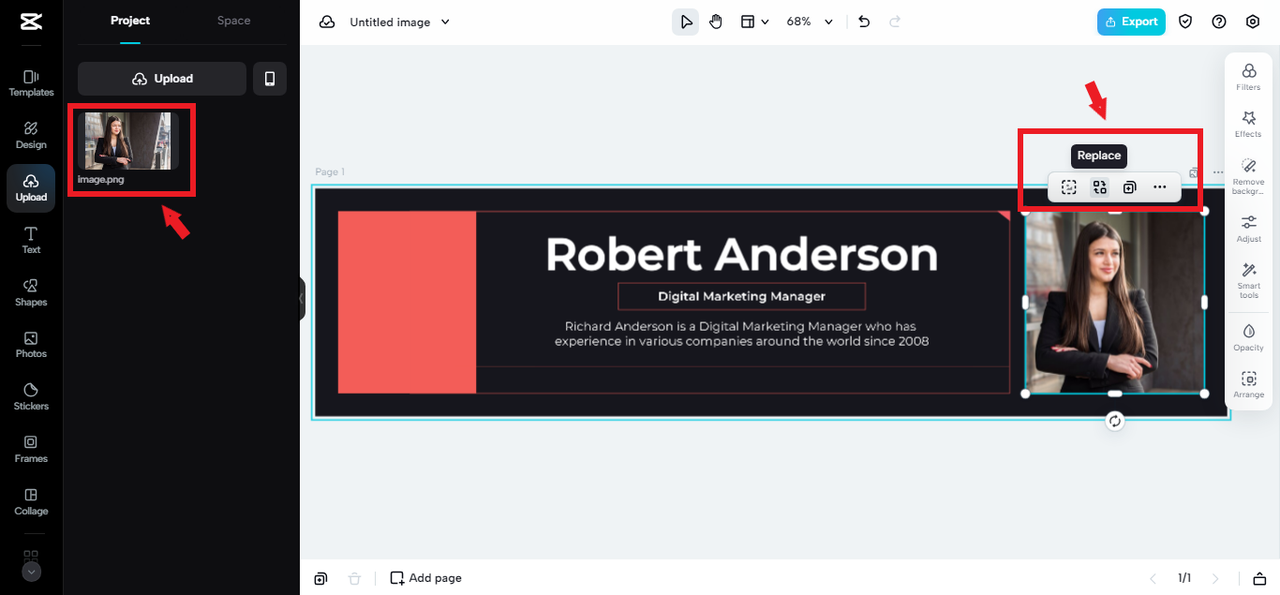 Replacing image in LinkedIn cover photo in CapCut Online