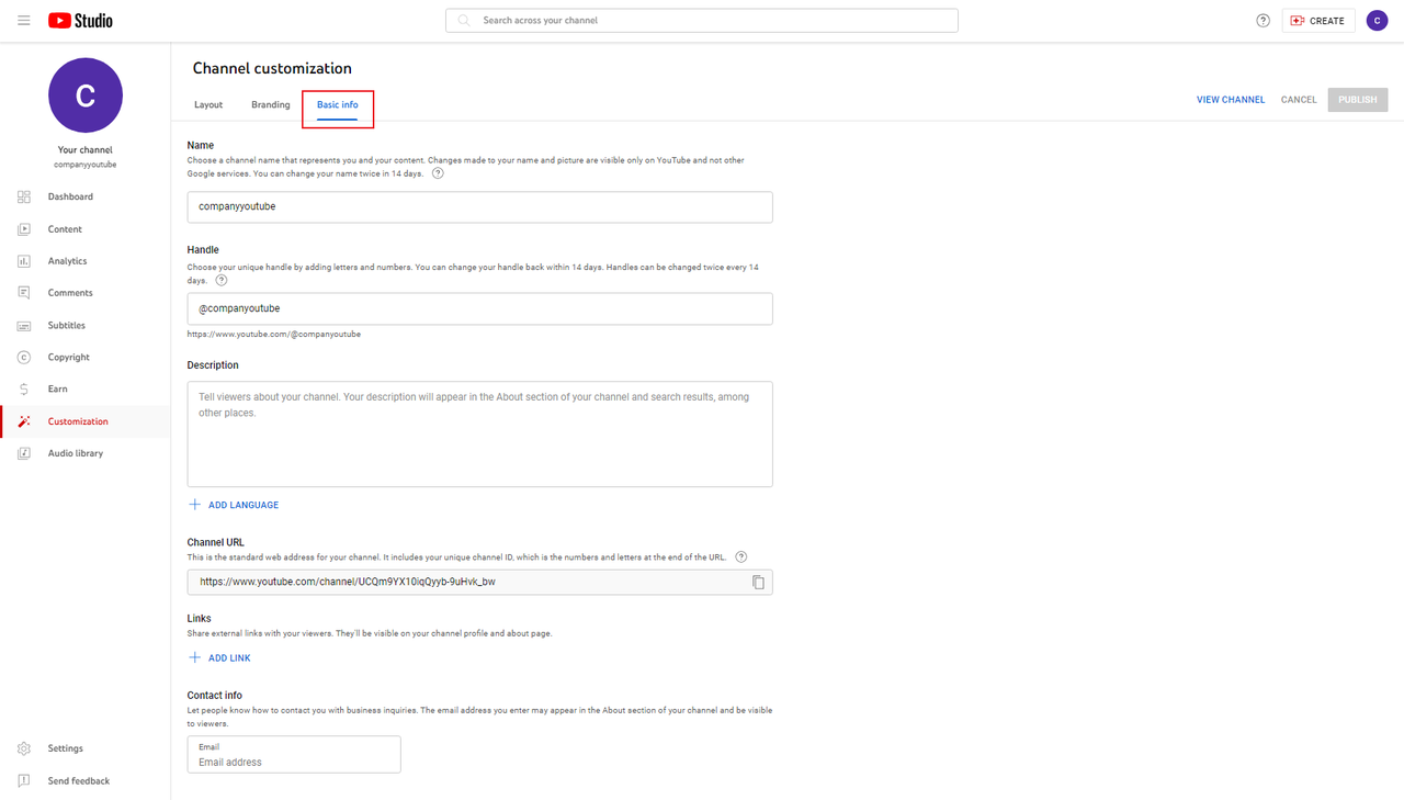 how to customize the basic info of a YouTube channel