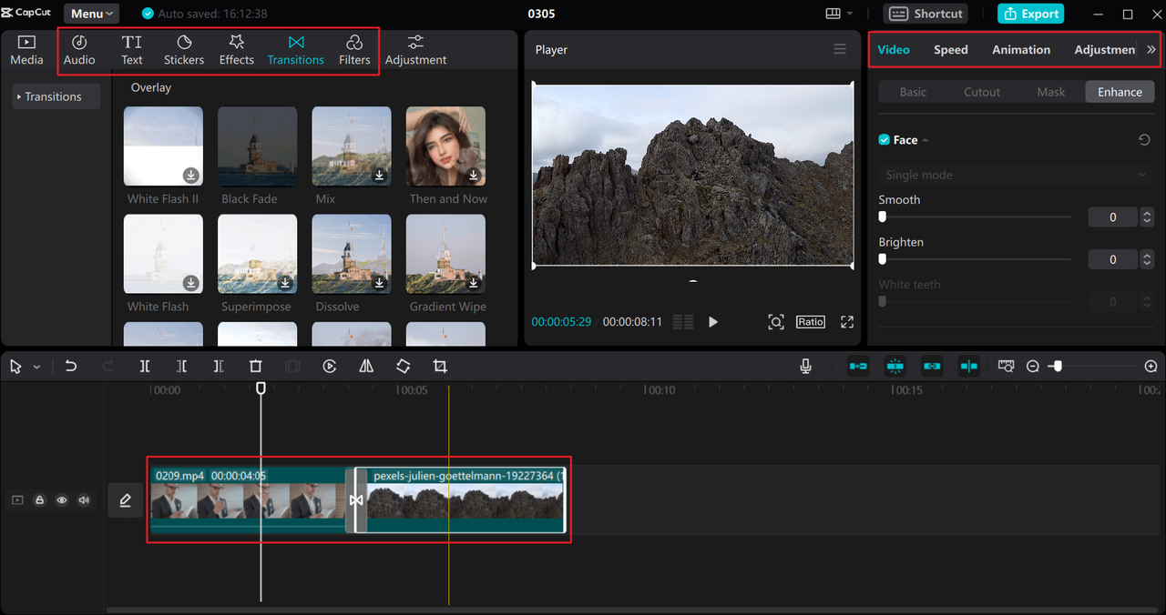 How to add a transition when you merge two videos on the CapCut desktop editor