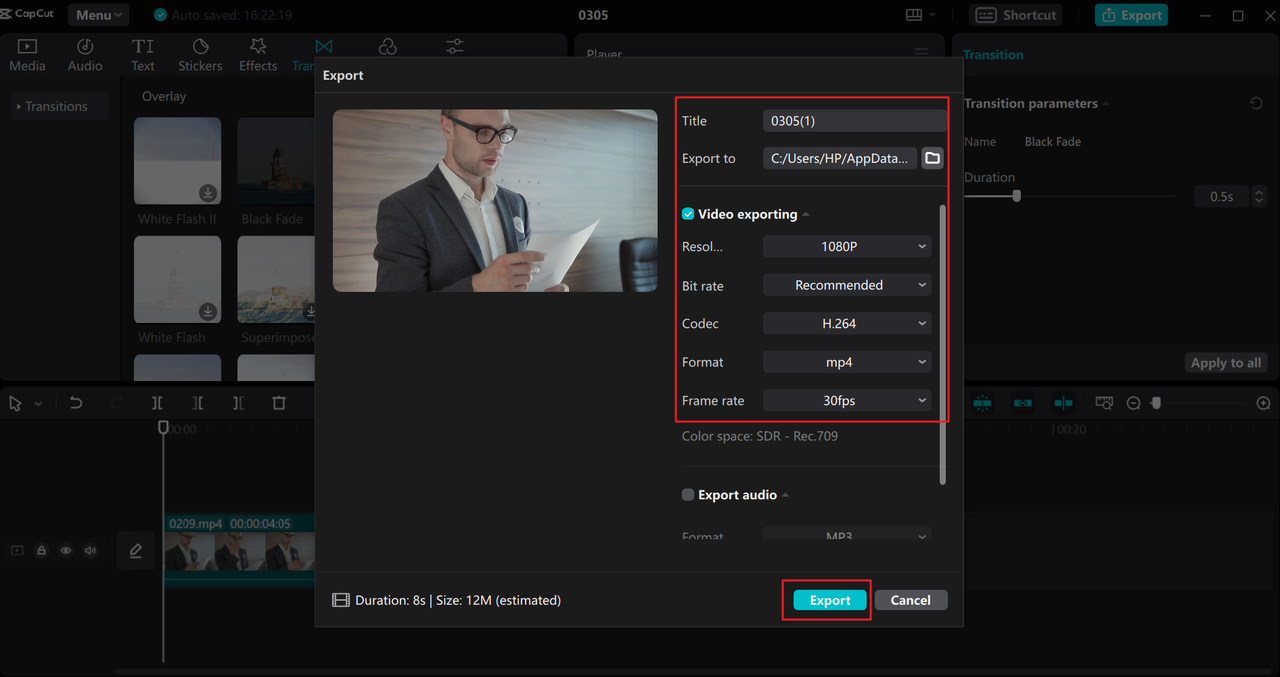 How to export the final clip after you merge two videos on the CapCut desktop editor