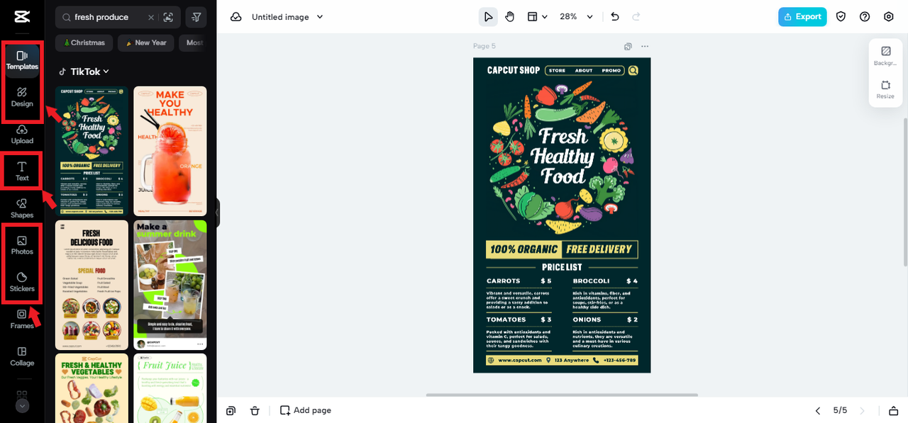 CapCut Online interface for creating grocery shop logos