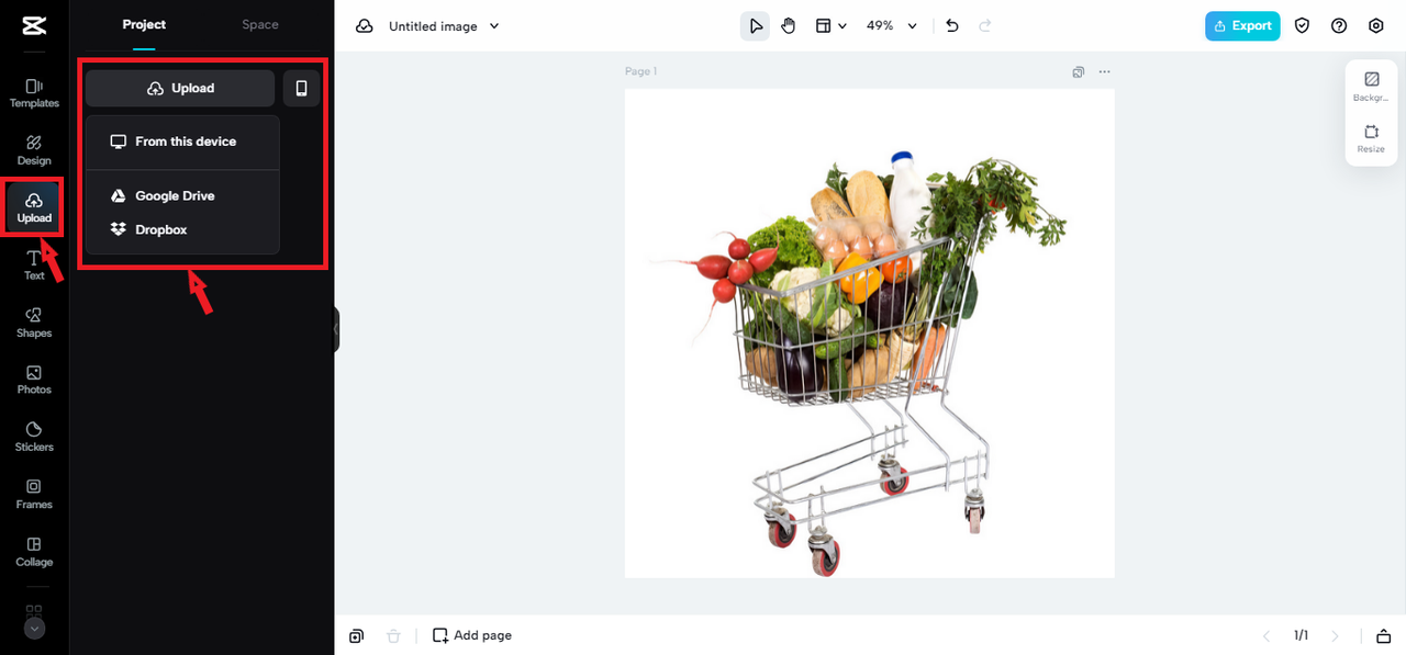 uploading an image to CapCut Online for grocery logo