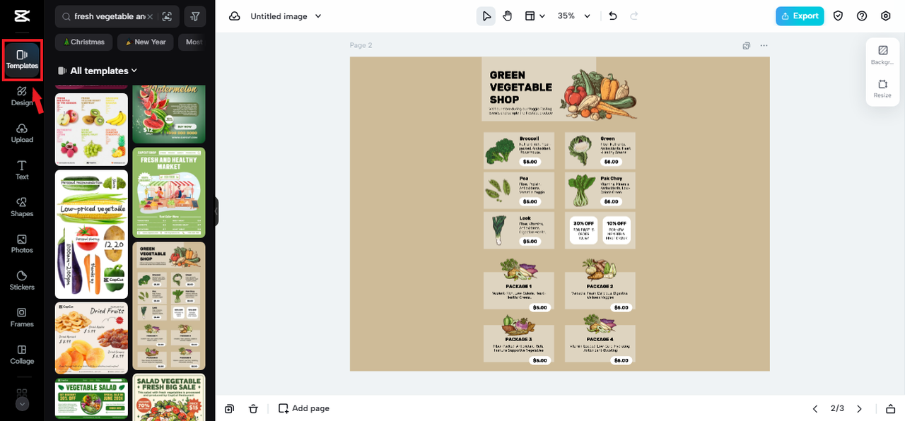 selecting template for grocery logo in CapCut Online