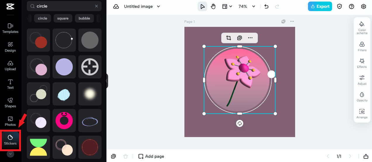 adding stickers to circle logo in CapCut Online