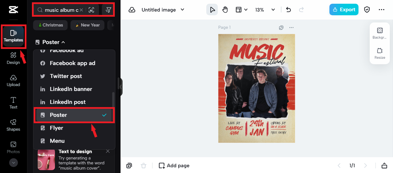 selecting album poster template in CapCut Online