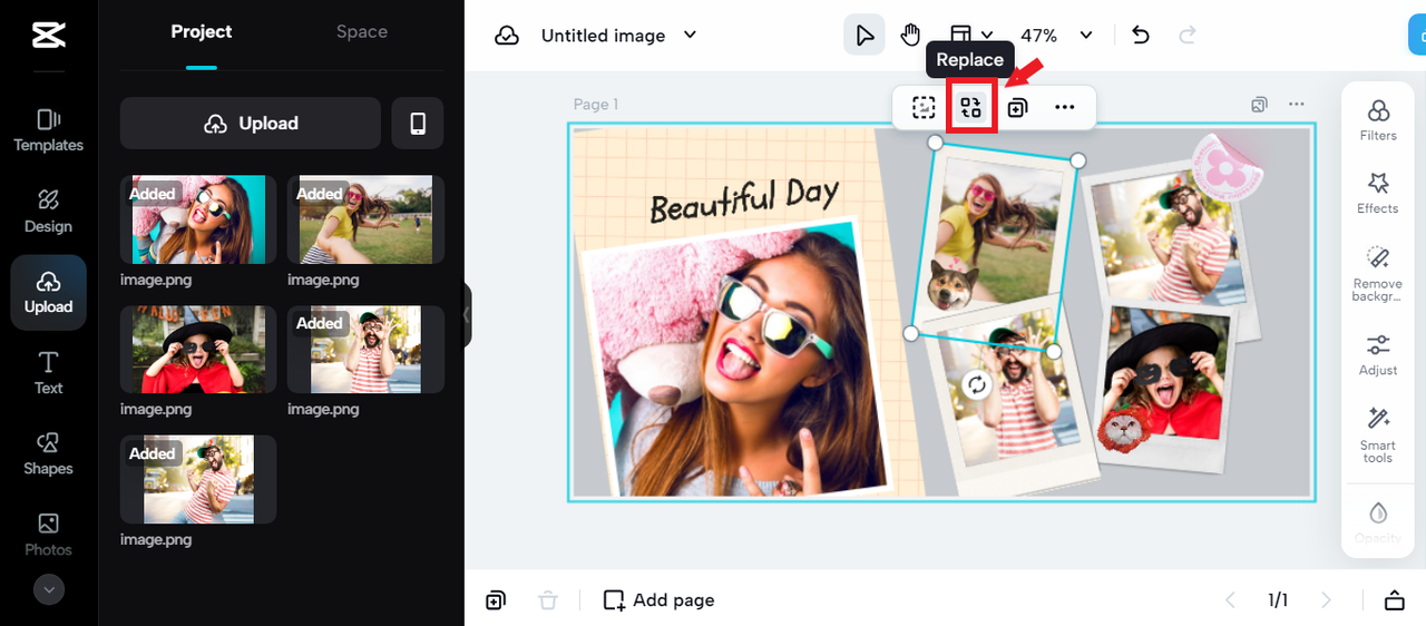 replacing images in collage template in CapCut Online