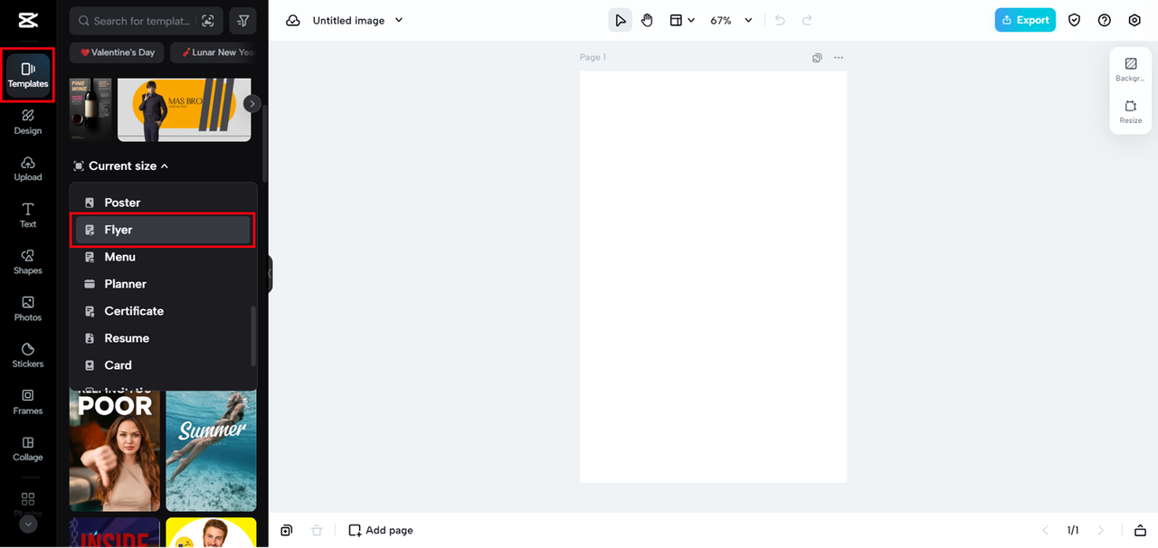 Choose template for your flyer in CapCut Online