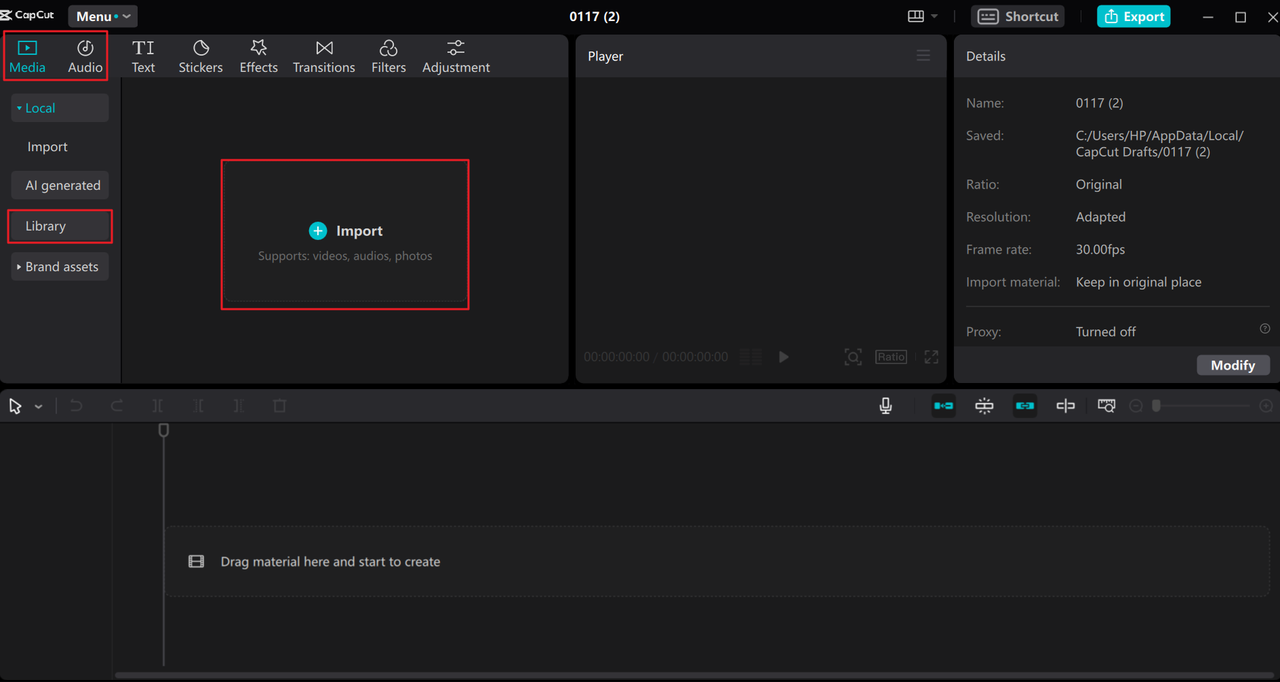 Import media to the CapCut desktop video editor for trending TikTok sounds