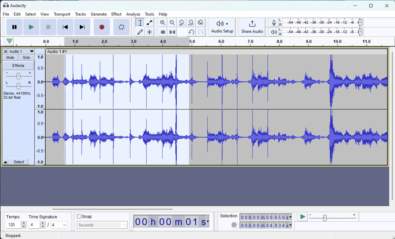 How to select a section of your recording in Audacity