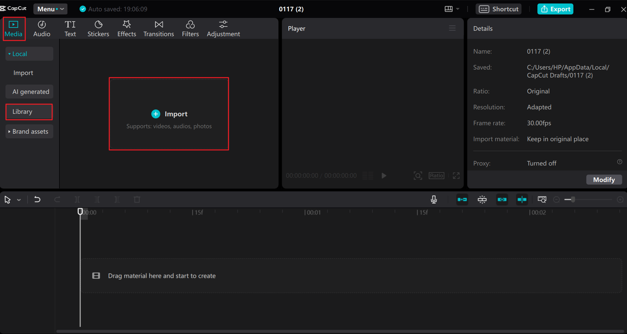 Upload a video to the CapCut PC editor, a DaVinci Resolve freeze frame alternative