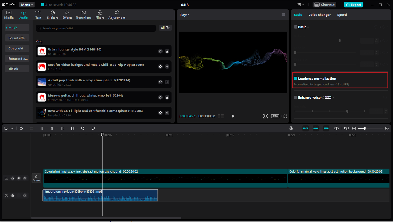 apply loudness normalization on the CapCut desktop video editor