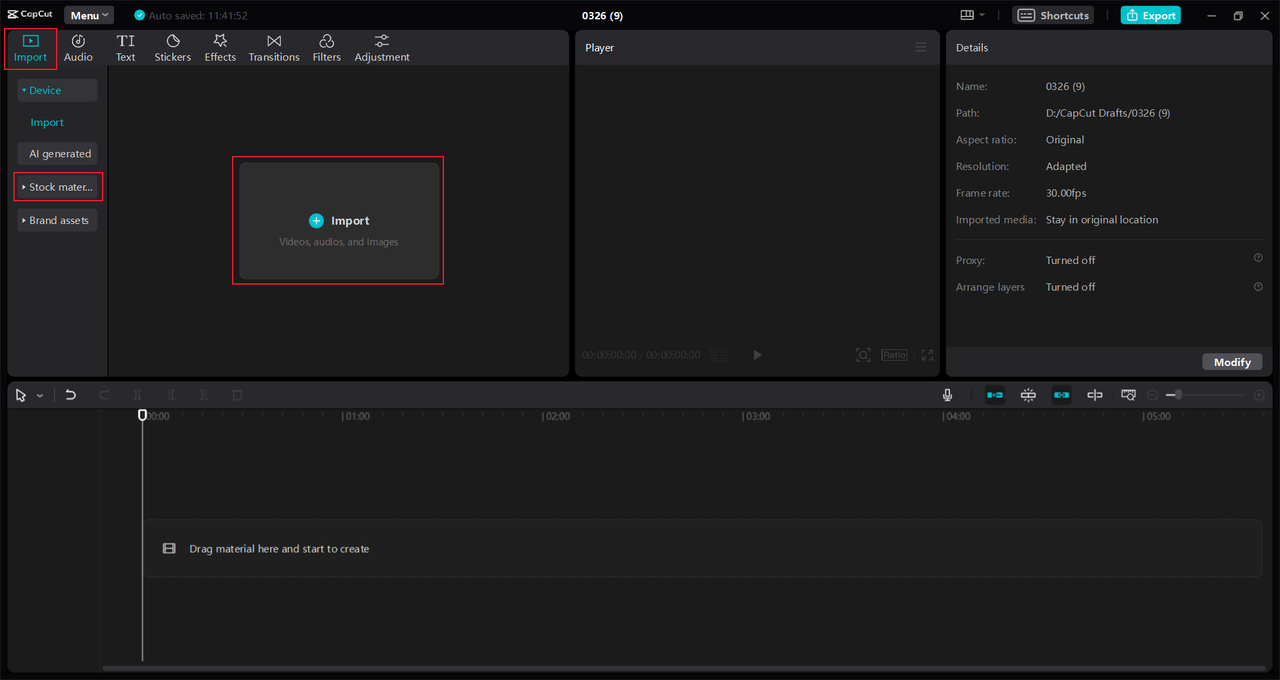 Image showing how to import assets (e.g., logo assets) using the CapCut desktop editor